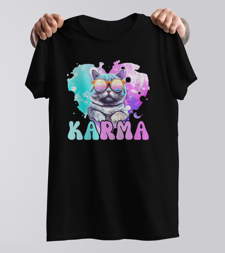 Karma Cat In Sunglasses With Heart-Shaped Watercolor Background T-Shirt