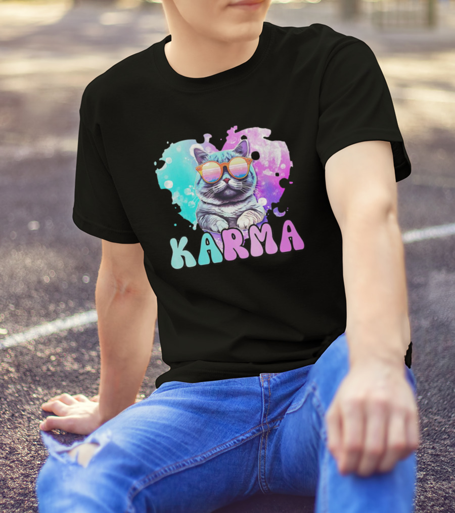 Karma Cat In Sunglasses With Heart-Shaped Watercolor Background T-Shirt