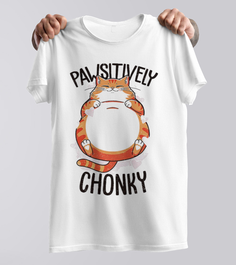 Pawsitively Chonky Cat With Hearts And Smiling Orange Tabby T-Shirt