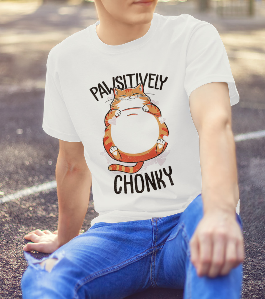 Pawsitively Chonky Cat With Hearts And Smiling Orange Tabby T-Shirt