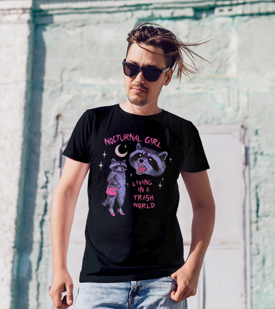 Nocturnal Girl Raccoon Living In A Trash World Under Moon And Stars T-Shirt