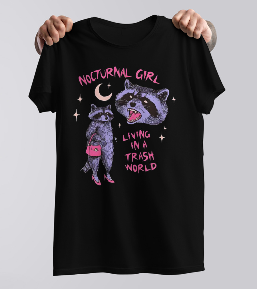 Nocturnal Girl Raccoon Living In A Trash World Under Moon And Stars T-Shirt
