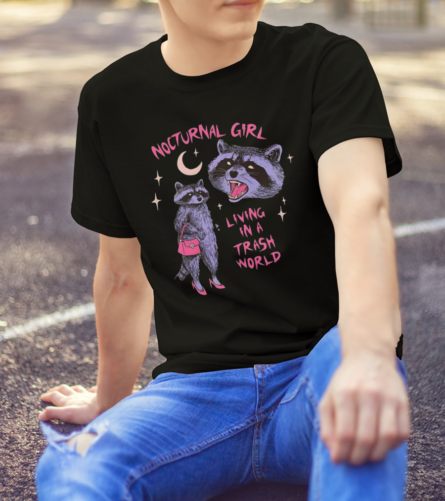Nocturnal Girl Raccoon Living In A Trash World Under Moon And Stars T-Shirt