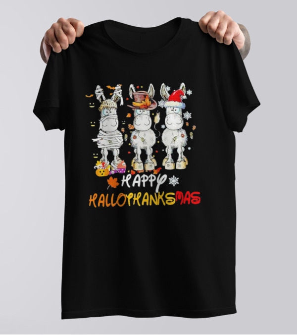 Happy Hallothanksmas Funny Horses Mummy Witch Santa Hats T-Shirt