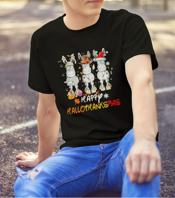 Happy Hallothanksmas Funny Horses Mummy Witch Santa Hats T-Shirt