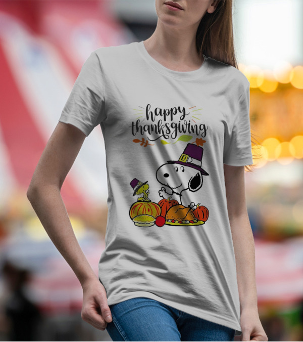 Thanksgiving Snoopy And Woodstock With Pilgrim Hats Feast T-Shirt