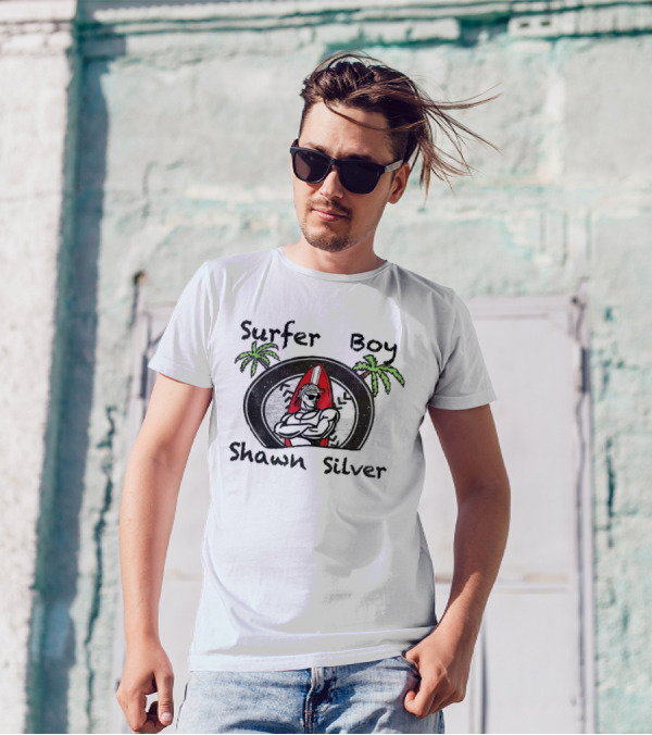 Surfer Boy Shawn Silver Palm Trees Red Surfboard T-Shirt