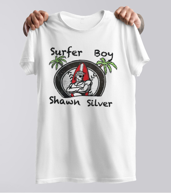 Surfer Boy Shawn Silver Palm Trees Red Surfboard T-Shirt