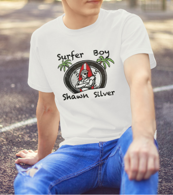 Surfer Boy Shawn Silver Palm Trees Red Surfboard T-Shirt