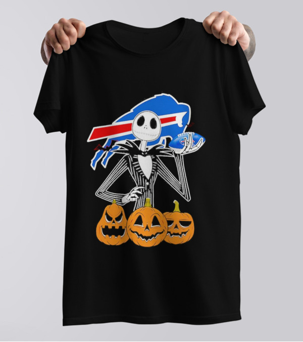 Buffalo Bills Jack Skellington Holding Football Halloween Pumpkins T-Shirt
