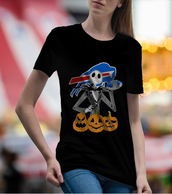 Buffalo Bills Jack Skellington Holding Football Halloween Pumpkins T-Shirt