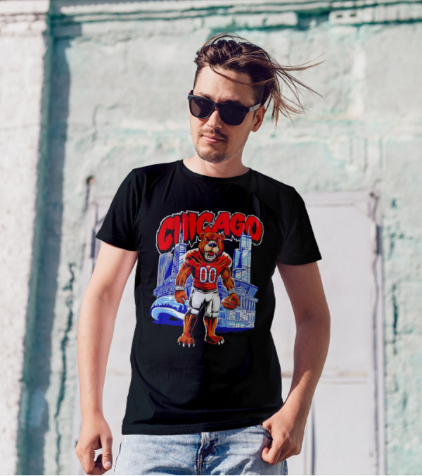 Chicago Bears Mascot Cartoon With City Skyline T-Shirt