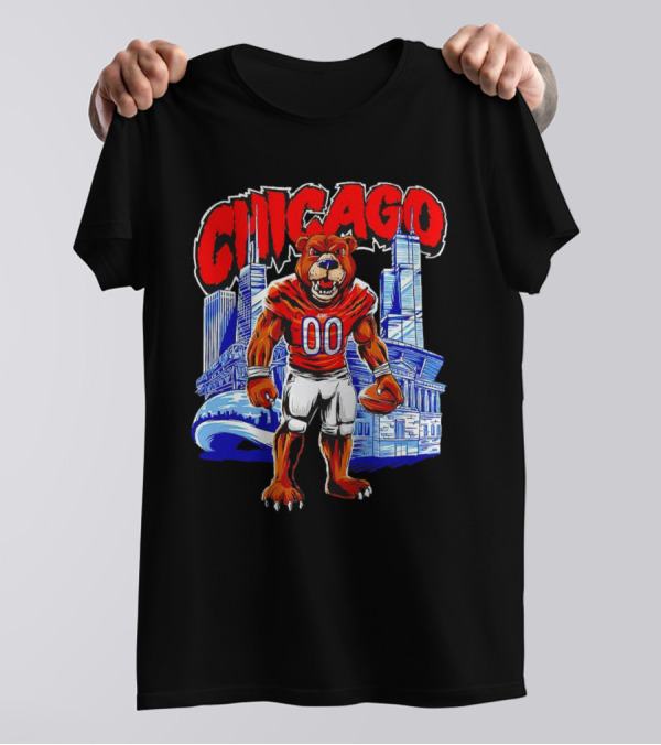Chicago Bears Mascot Cartoon With City Skyline T-Shirt