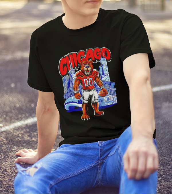 Chicago Bears Mascot Cartoon With City Skyline T-Shirt