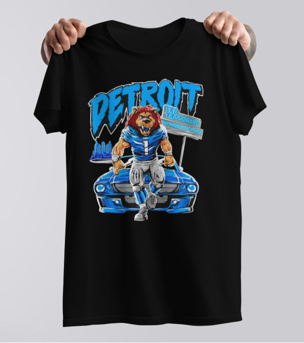 Detroit Lions Woodward All American Road Lion With Car And Cityscape T-Shirt