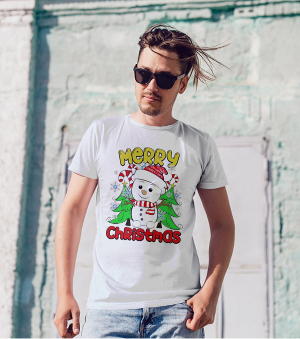 Merry Christmas Snowman With Candy Canes And Snowflakes T-Shirt