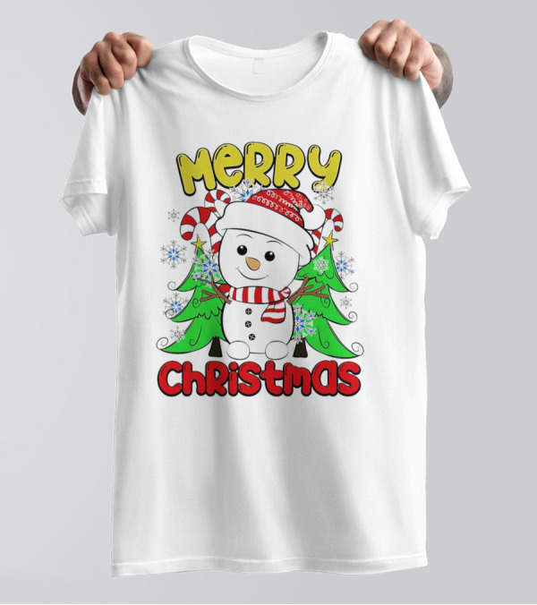Merry Christmas Snowman With Candy Canes And Snowflakes T-Shirt