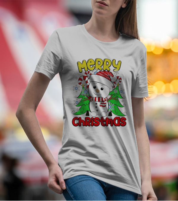 Merry Christmas Snowman With Candy Canes And Snowflakes T-Shirt