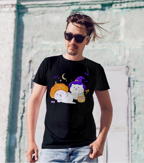 Bongo Cat Meme Halloween Pumpkin Witch Hat Moon Stars Bats T-Shirt
