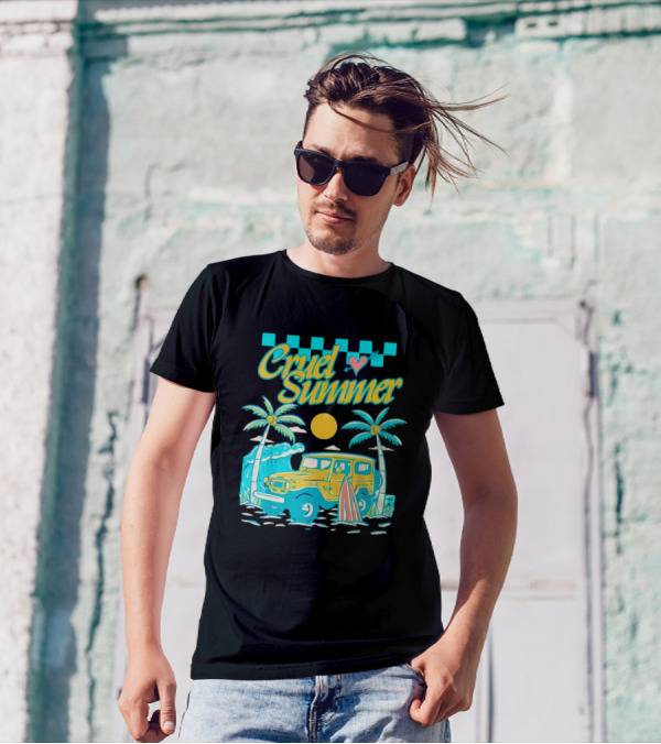 Cruel Summer Beach Vintage Jeep Palm Trees Retro Sun Wave Heart T-Shirt