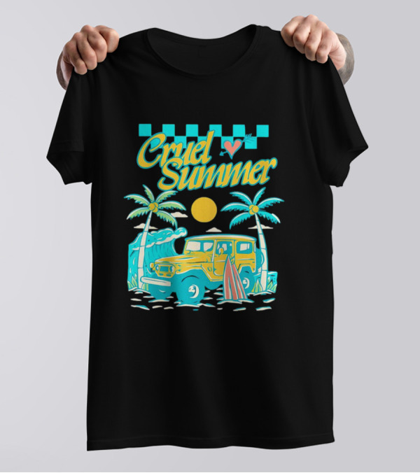 Cruel Summer Beach Vintage Jeep Palm Trees Retro Sun Wave Heart T-Shirt