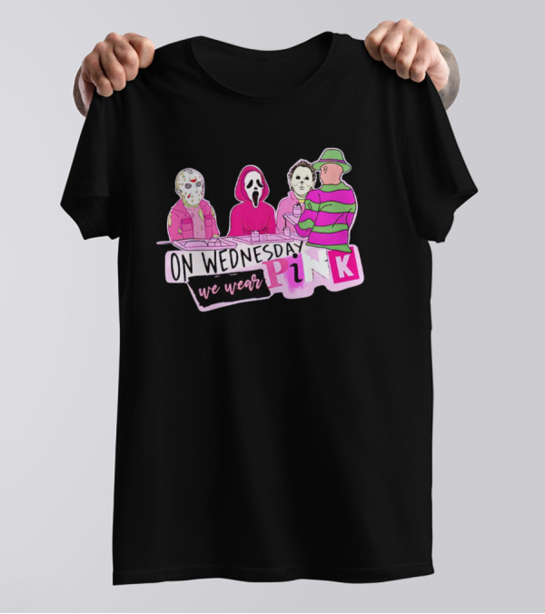 On Wednesdays We Wear Pink Horror Movie Characters Halloween Dinner Scene T-Shirt