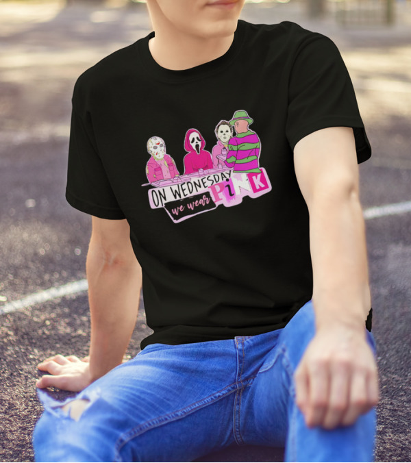 On Wednesdays We Wear Pink Horror Movie Characters Halloween Dinner Scene T-Shirt