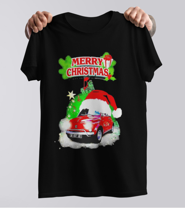 Merry Christmas Red Fiat 500 With Santa Hat And Green Background T-Shirt