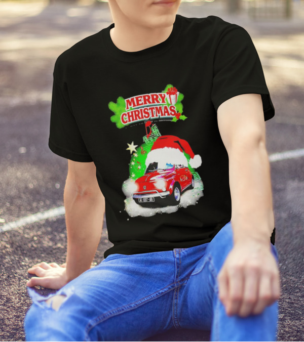 Merry Christmas Red Fiat 500 With Santa Hat And Green Background T-Shirt