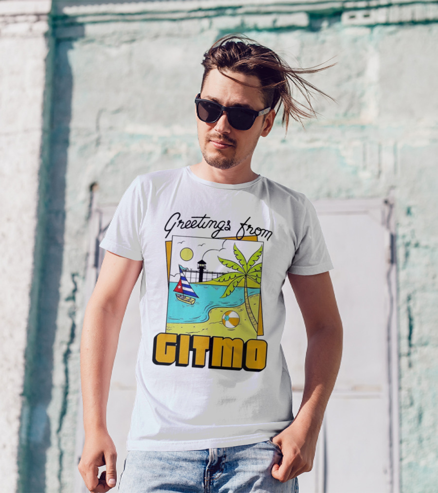 Greetings From Gitmo Beach Scene With Sailboat And Palm Tree T-Shirt
