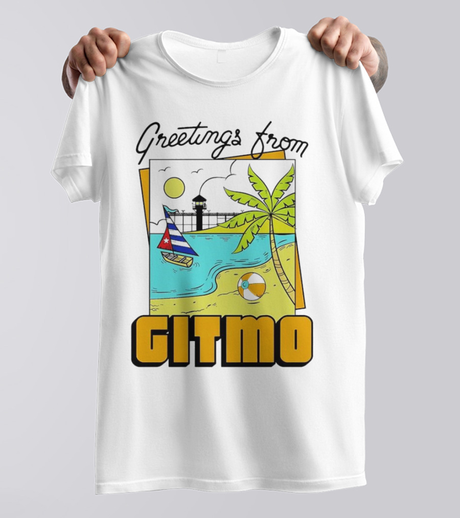 Greetings From Gitmo Beach Scene With Sailboat And Palm Tree T-Shirt
