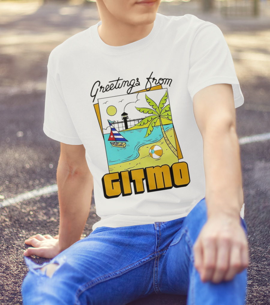 Greetings From Gitmo Beach Scene With Sailboat And Palm Tree T-Shirt