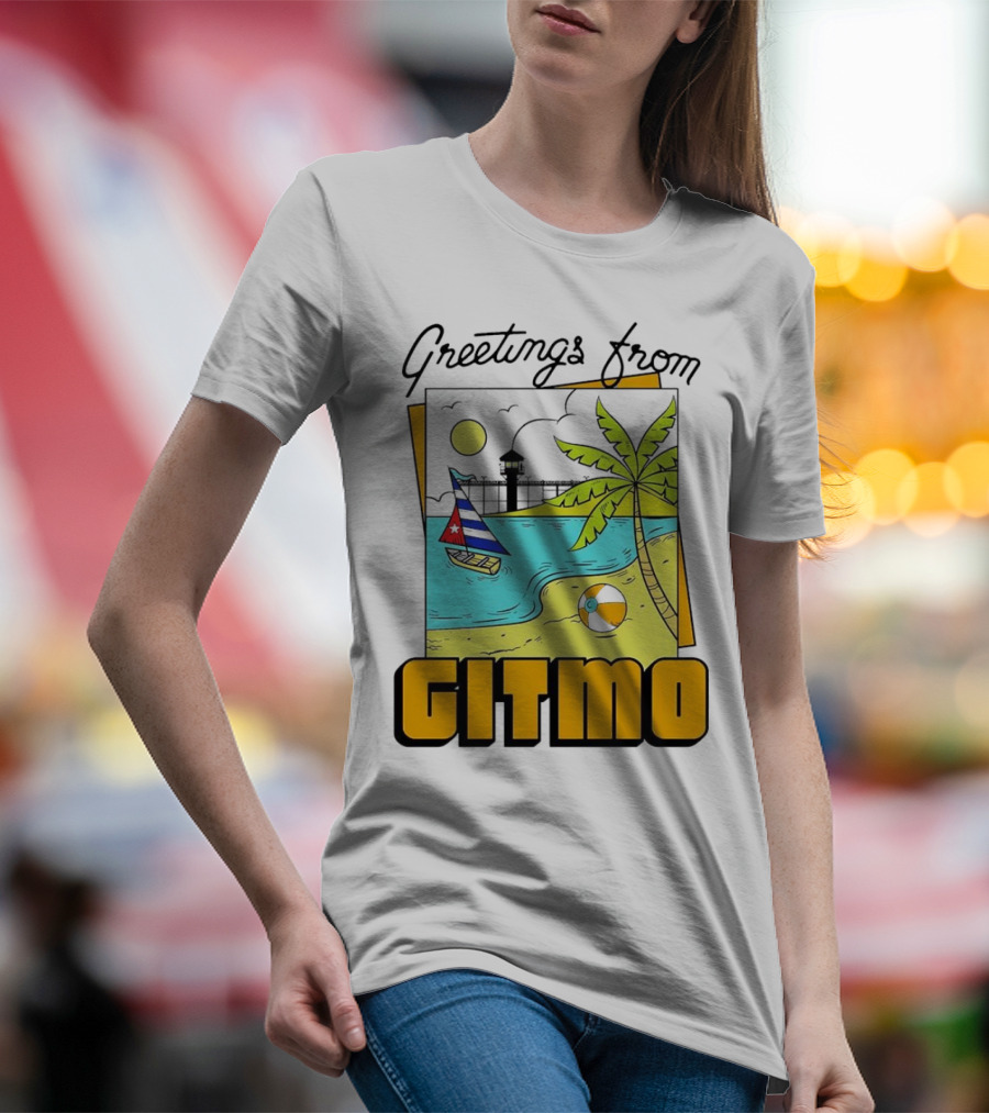 Greetings From Gitmo Beach Scene With Sailboat And Palm Tree T-Shirt