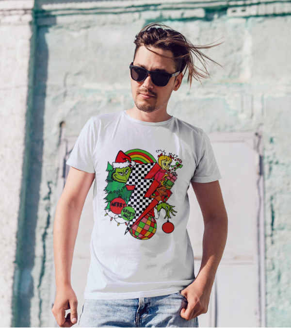 Merry Grinchmas Lightning Bolt Christmas Retro Dr. Seuss T-Shirt