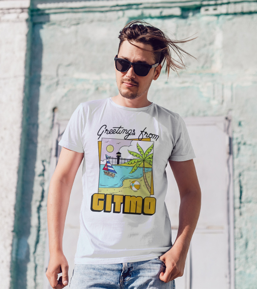 Greetings From Gitmo Palm Beach Scene With Sailboat And Volleyball T-Shirt