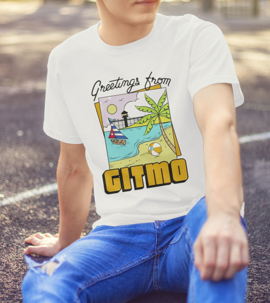 Greetings From Gitmo Palm Beach Scene With Sailboat And Volleyball T-Shirt
