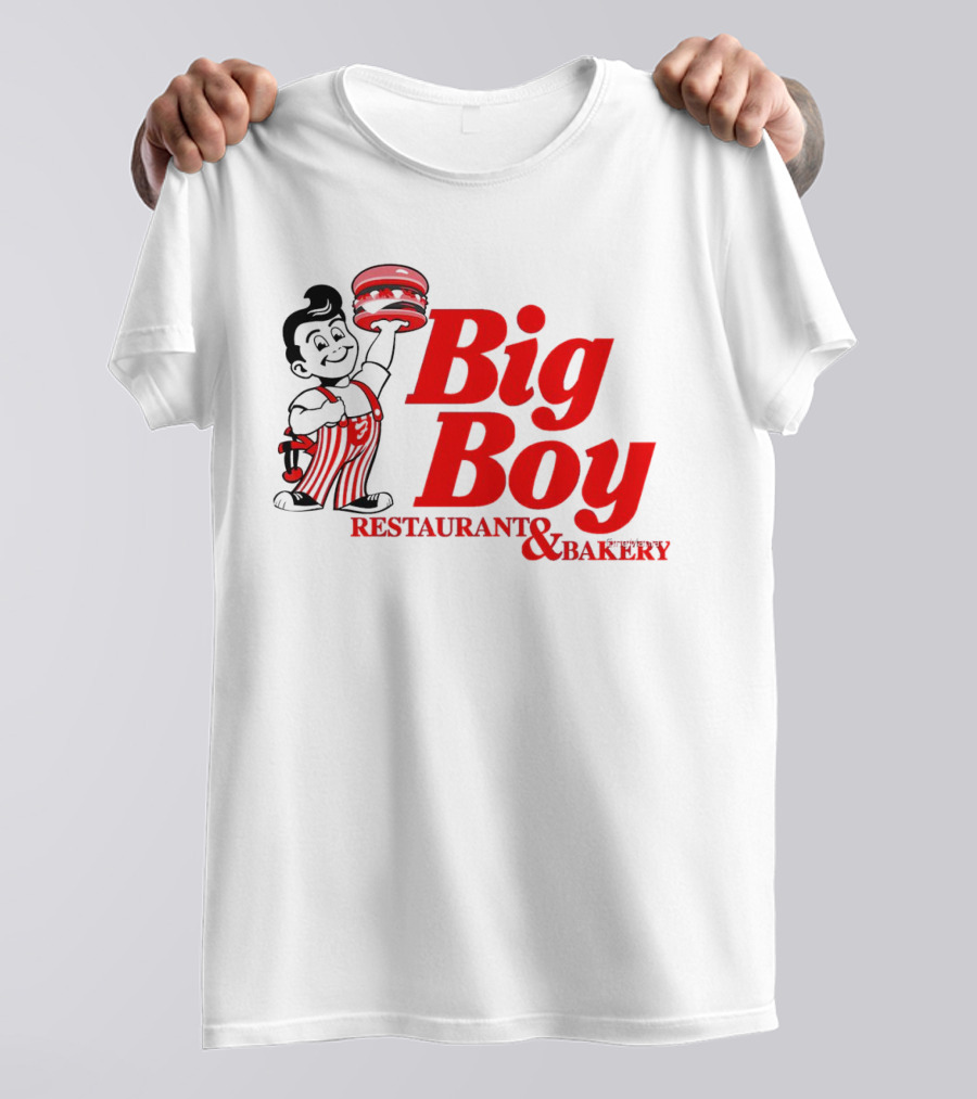 Big Boy Restaurant And Bakery Logo - Iconic Red Text With Burger Mascot T-Shirt