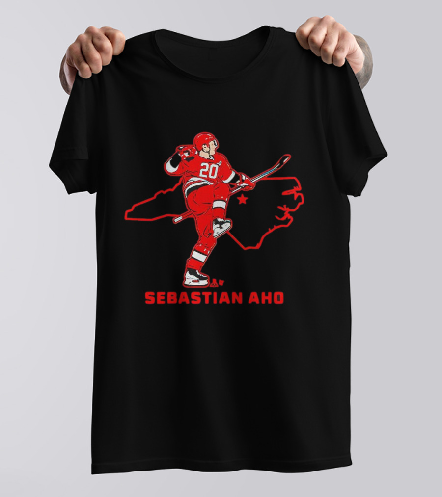 Sebastian Aho 20 Carolina Hurricanes State Outline T-Shirt