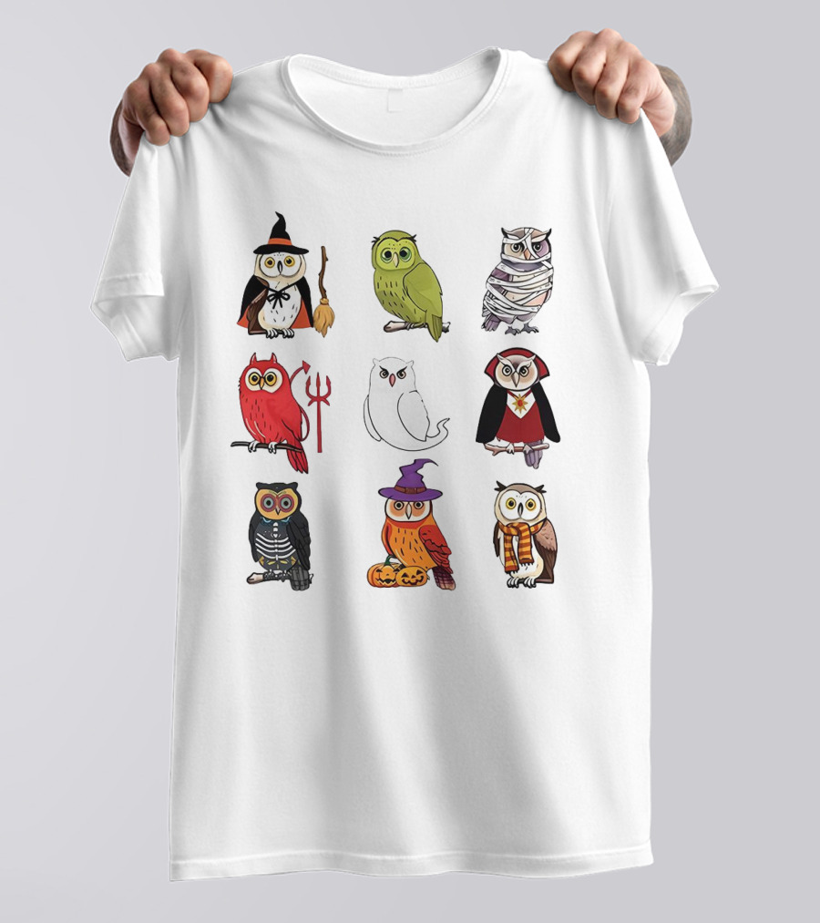 Cute Owls Halloween Witch Mummy Devil Skeleton Vampire Pumpkin Scarf T-Shirt