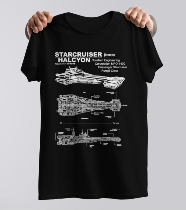 Starcruiser Halcyon Corellian Engineering Schematic Blueprint MPO-1400 Passenger Starcruiser Purrgil-Class T-Shirt