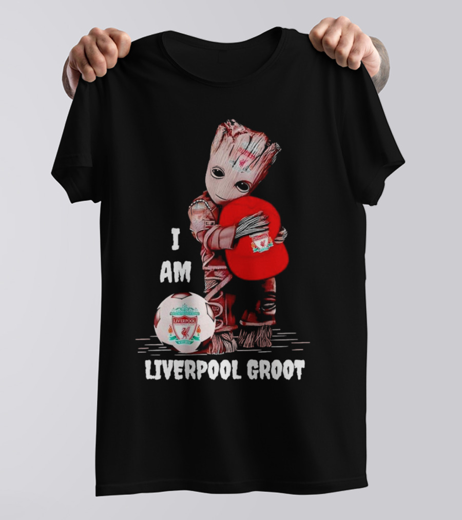 I Am Liverpool Groot Soccer Team Fan Character Holding Cap And Ball T-Shirt