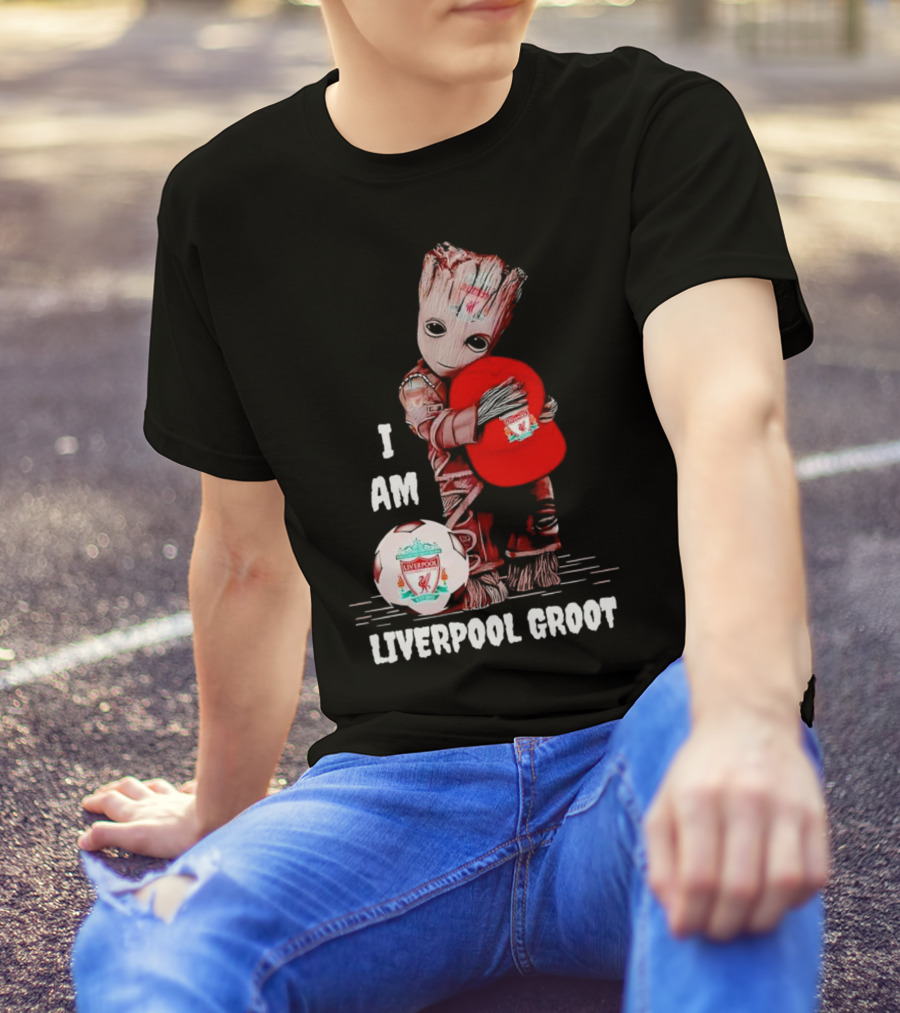 I Am Liverpool Groot Soccer Team Fan Character Holding Cap And Ball T-Shirt