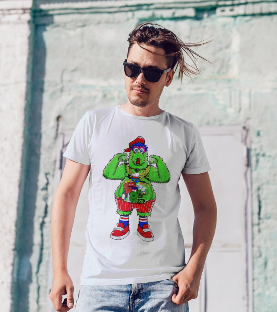 Philly Phanatic Mascots Sporting Red Cap And Sneakers With 1980 2008 1985 1995 2008 Numbers T-Shirt