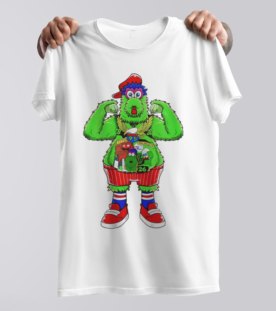 Philly Phanatic Mascots Sporting Red Cap And Sneakers With 1980 2008 1985 1995 2008 Numbers T-Shirt