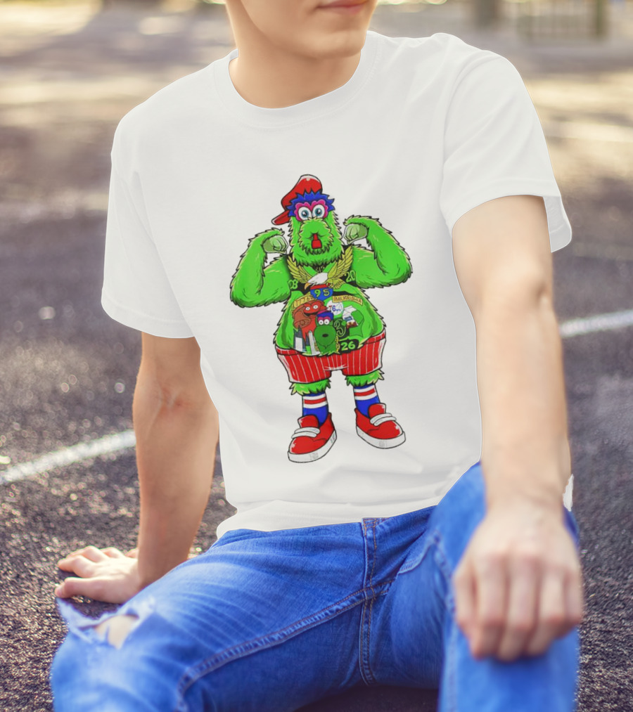 Philly Phanatic Mascots Sporting Red Cap And Sneakers With 1980 2008 1985 1995 2008 Numbers T-Shirt