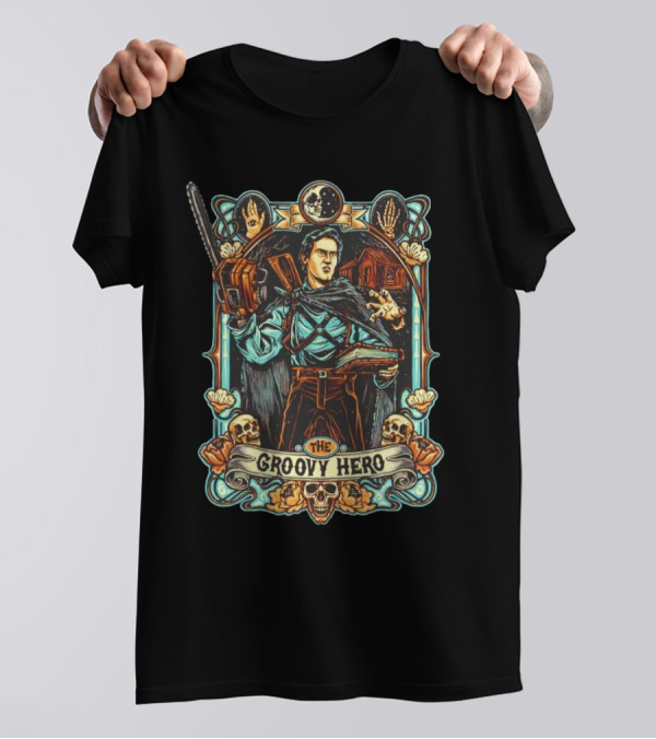 The Groovy Hero Chainsaw Warrior Moon Necronomicon Skulls T-Shirt