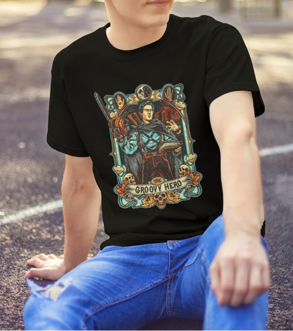 The Groovy Hero Chainsaw Warrior Moon Necronomicon Skulls T-Shirt