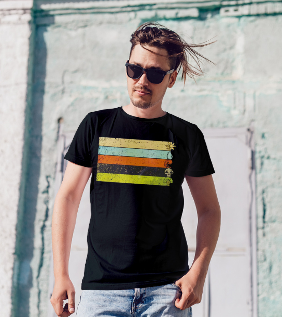 Vintage Magic Sun Water Elements Skull Retro Stripes T-Shirt