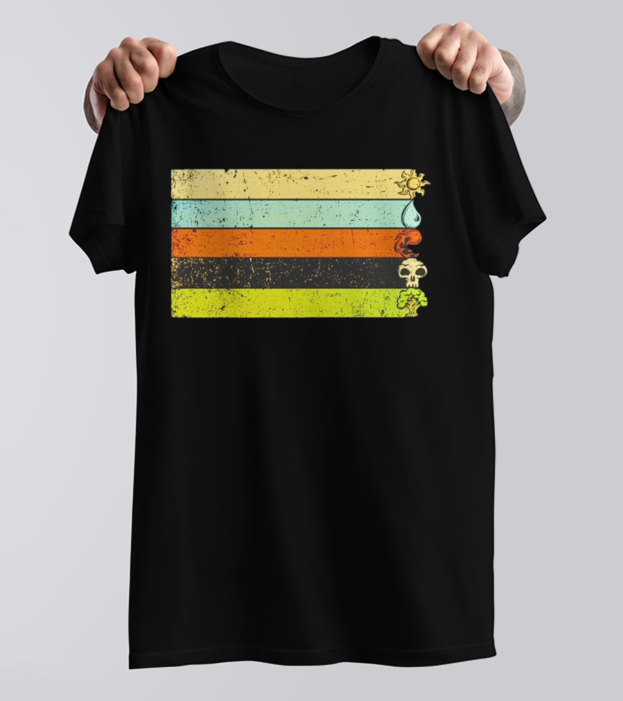 Vintage Magic Sun Water Elements Skull Retro Stripes T-Shirt