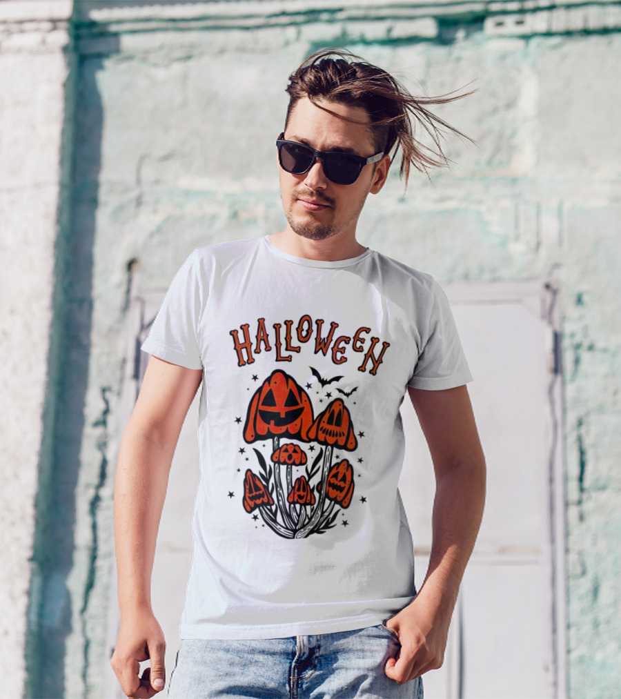 Halloween Pumpkin Mushrooms With Bats And Stars T-Shirt